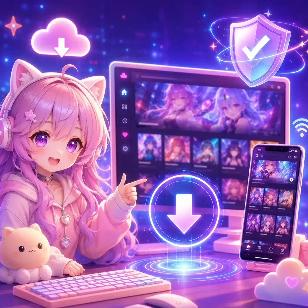 Cute pastel 3D anime-style streaming illustration with cyber technology and download concept.