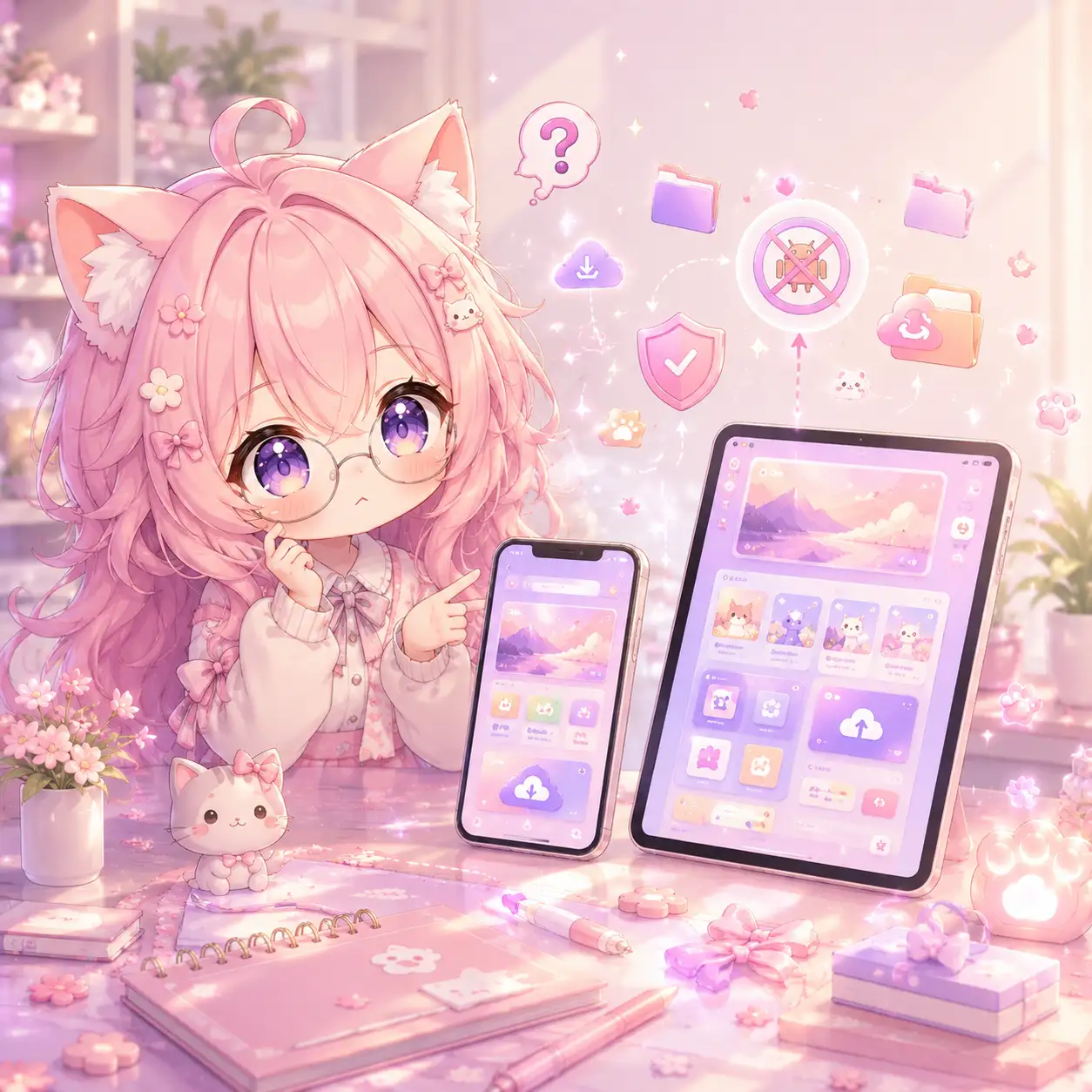 Cute pastel pink anime cat girl with a smartphone and tablet, illustrating the Nekopoi APK iOS guide and alternative viewing options for iPhone and iPad users.