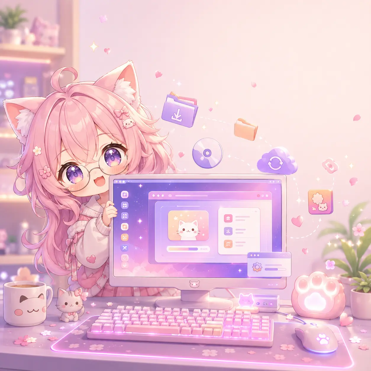 Cute pastel pink anime cat girl using a desktop PC with a modern gaming setup, representing the Nekopoi PC download and installation guide for Windows computers.